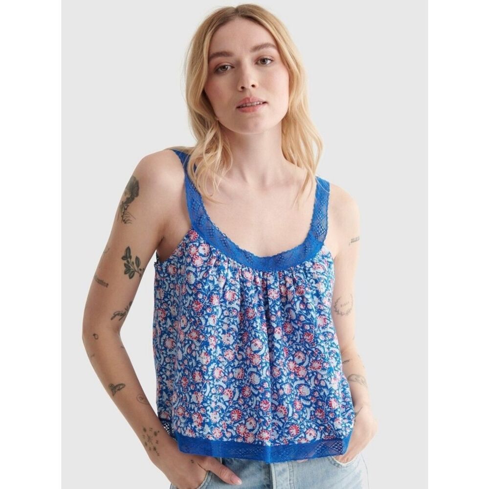 Lucky Brand Blue Floral Lace Trim Swing Tank Top XL Boho Cropped Cami